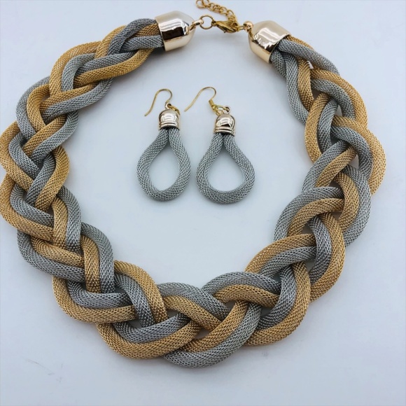 Braided Mesh Silver/Gold Necklace and Earring Set - Picture 2 of 5